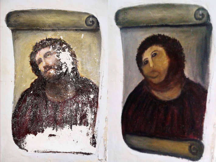 5. Възрастна жена "реставрира" безценна фреска като я унищожава